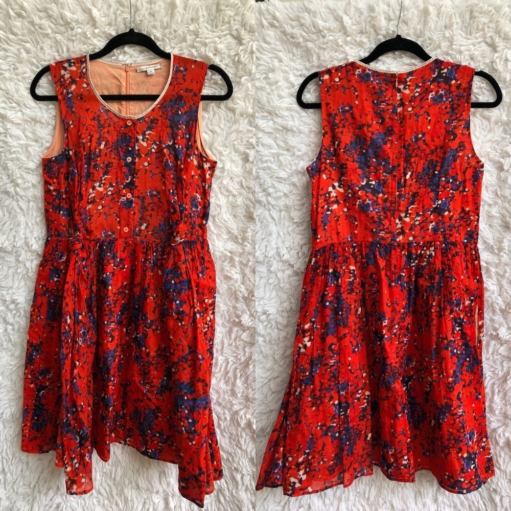 Carven Designer Red Button Tie Knot Waist Dress